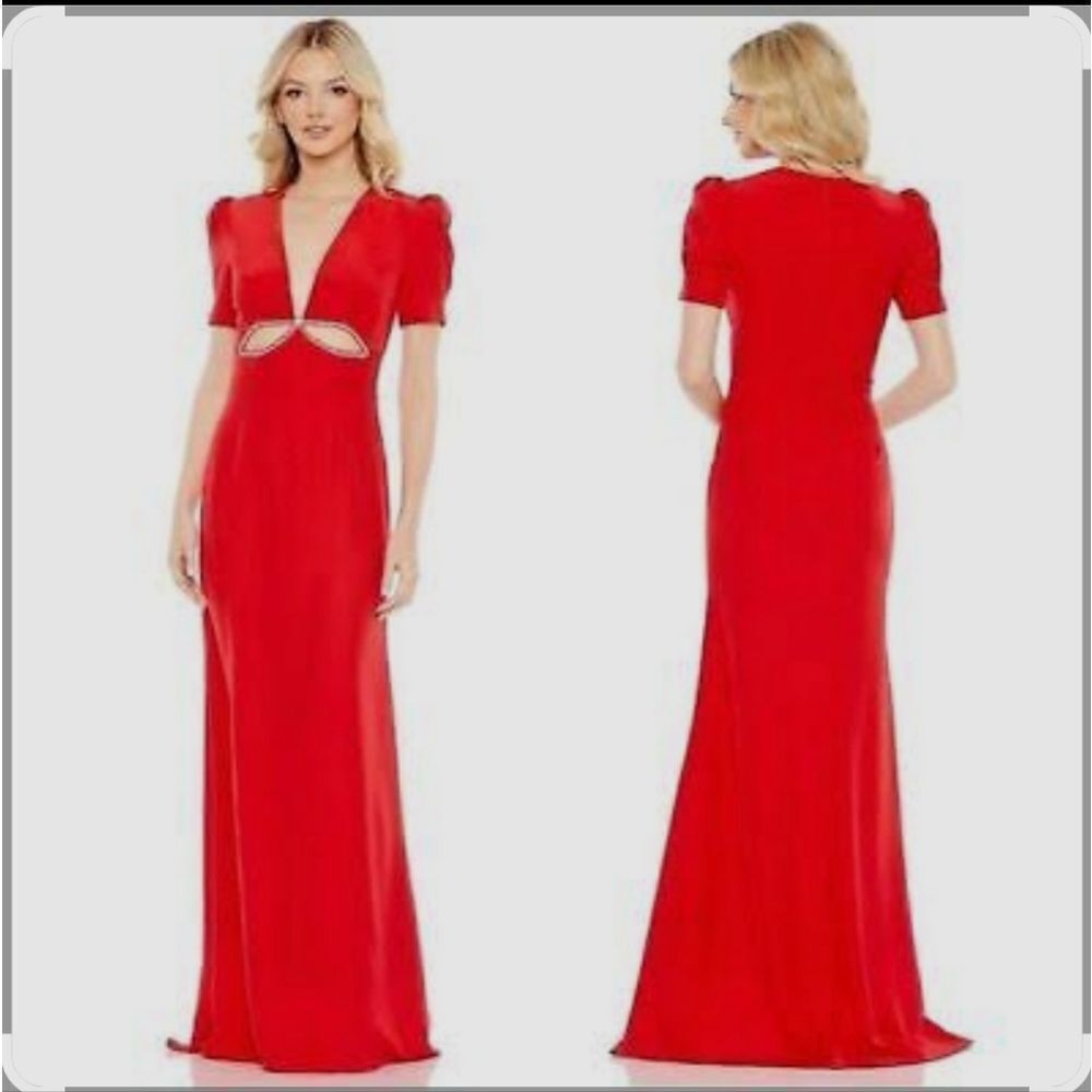 Mac Duggal 2630 Plunge Neck Embellished Cut Out Gown Red Sz 8 Nwt